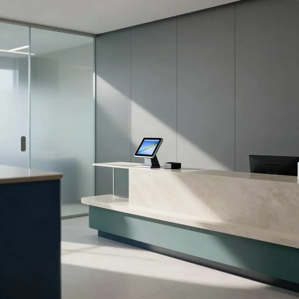 Mavi detaylı klinik resepsiyon köşesi, ışıklı tablet kiosk ve dock.
