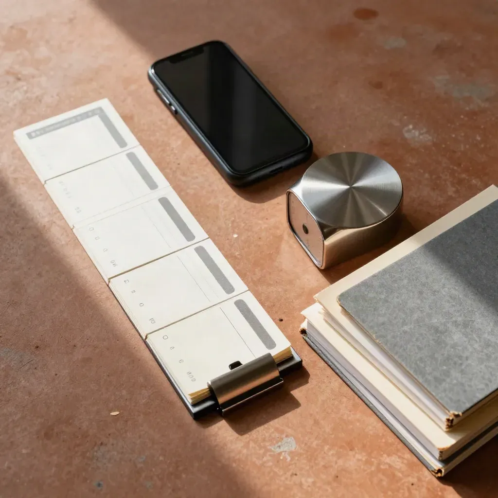 Üstten görünen planlama kartları, telefon, metal zamanlayıcı ve klasörler.